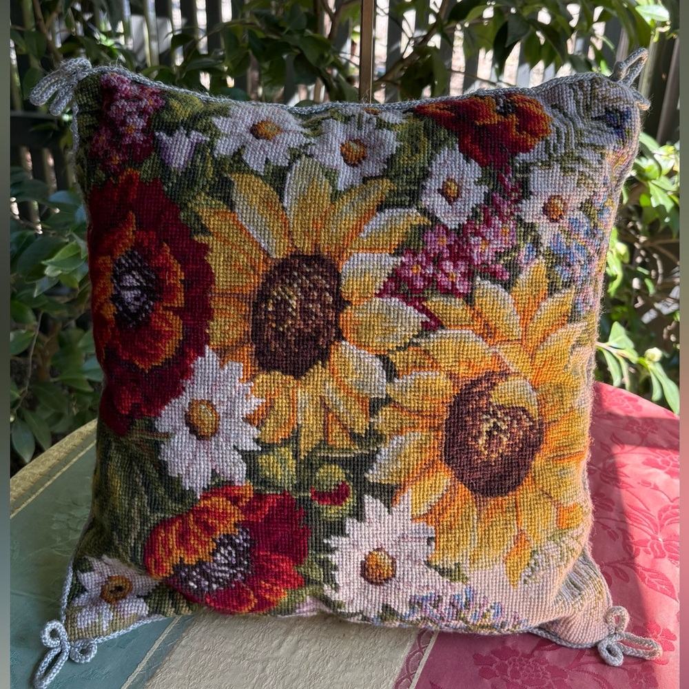 Vintage Yellow Floral Needlepoint Sunflower Pillow with Velvet Backing